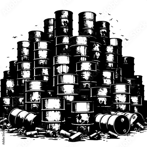 Black and White Vector Silhouette of Oil Drums in a Junkyard