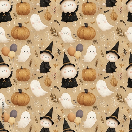 Wallpaper Mural Halloween sesamless pattern with pumpkins; ghosts and witches in kawaii style. beige background Torontodigital.ca
