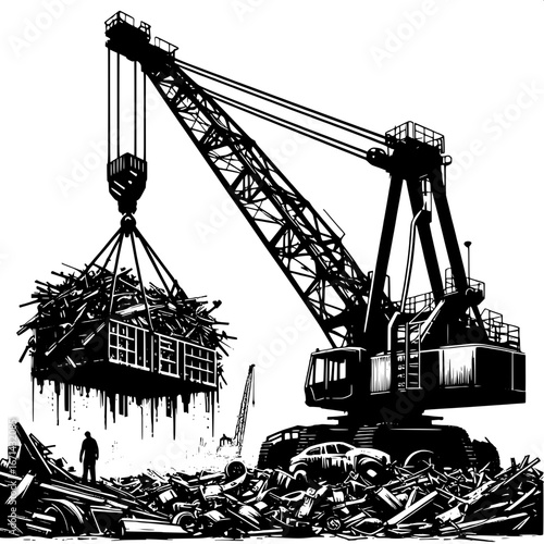 Black and White Vector Silhouette of Cranes Lifting Scrap Metal in a Junkyard