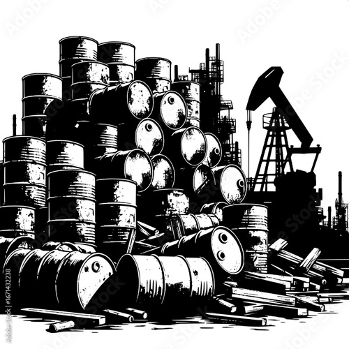 Black and White Vector Silhouette of Oil Drums in a Junkyard