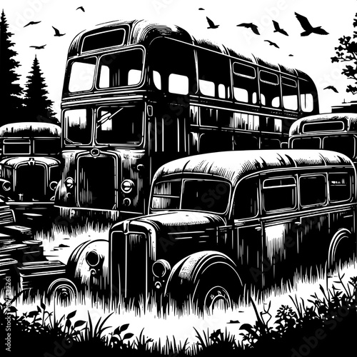 Black and White Vector Silhouette of Buses Parked in a Junkyard