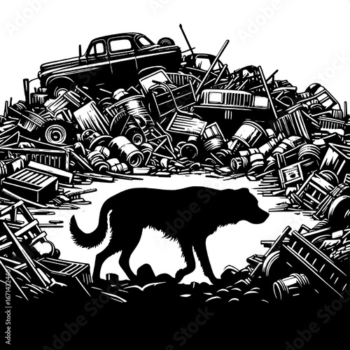 Black and White Vector Silhouette of a Dog Walking in a Junkyard