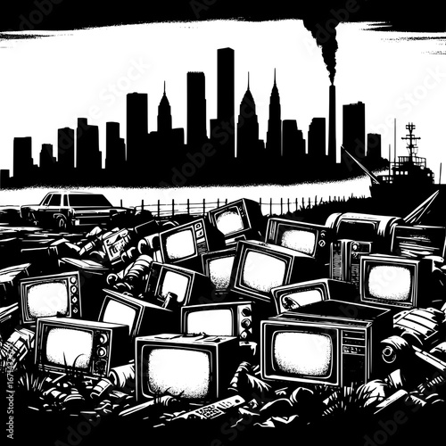 Black and White Vector Silhouette of Broken TVs in a Junkyard