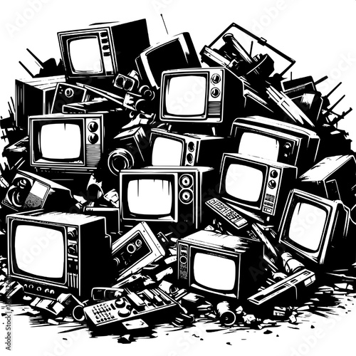 Black and White Vector Silhouette of Broken TVs in a Junkyard