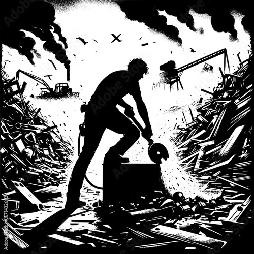 Black and White Vector Silhouette of a Worker Cutting Scrap with Saw in a Junkyard
