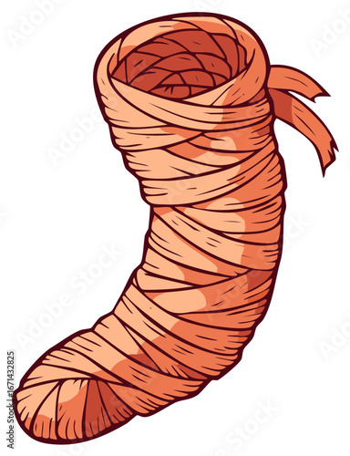 Spooky ancient mummy leg wrapped in worn bandages cartoon illustration for Halloween