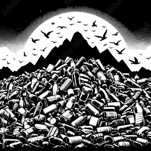 Black and White Vector Silhouette of Piles of Plastic Waste in a Junkyard