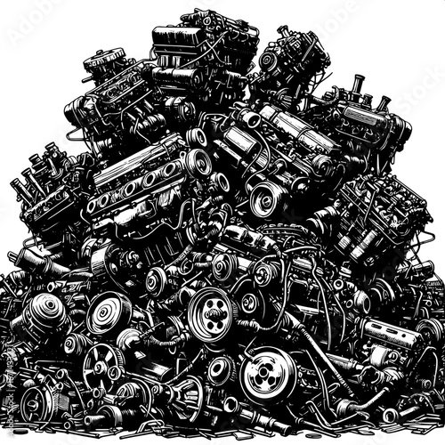 Black and White Vector Silhouette of Rusty Engines in a Junkyard