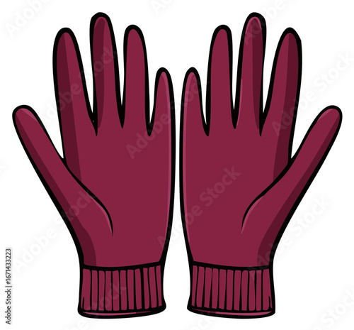 Burgundy Winter Gloves Illustration, Warm Knitted Handwear, Fashionable Cold Weather Accessory