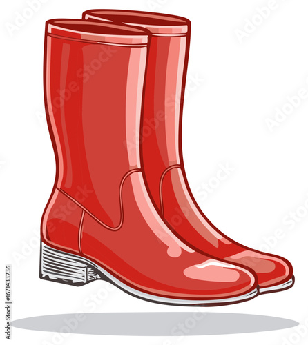 Pair of Shiny Red Rain Boots with Block Heels Isolated on White