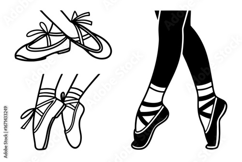 Ballet Dancers Feet in Pointe Shoes and Ballet Slippers.