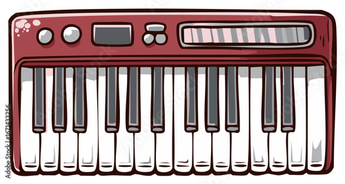 Cartoon illustration of a red and white electronic keyboard