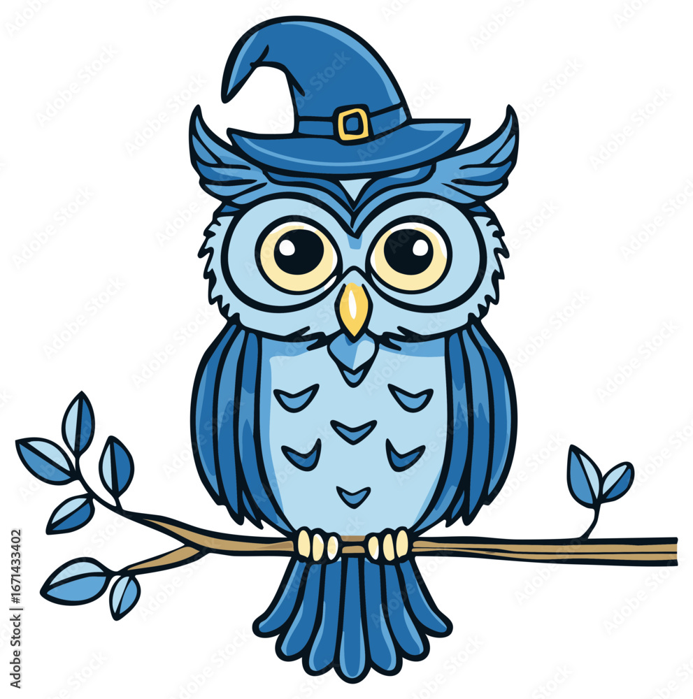 Fototapeta premium Blue Cartoon Owl in Witch Hat Perched on Branch Illustration for Halloween