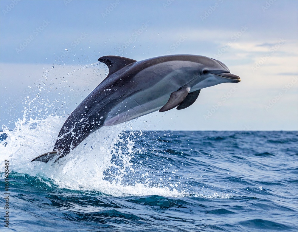 Fototapeta premium 바다 위로 점프하는 돌고래 Dolphin Jumping Over the Ocean