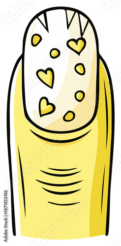 Cute yellow finger with painted nail adorned with hearts and circles for beauty or healthcare