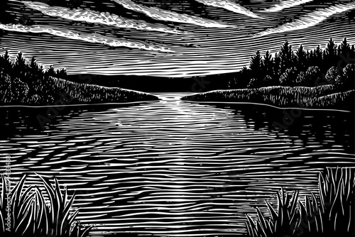 Sunset over desert sea lagoon, warm tones glowing above still waters, rare natural scenery, elegant black and white sketch.