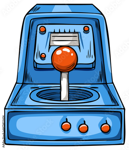 Cartoon style blue retro arcade game joystick machine with orange buttons