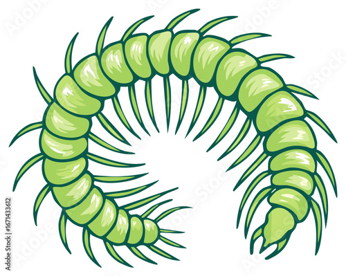 Cartoon Green Centipede with Many Legs Curled Around, Bright Insect Illustration