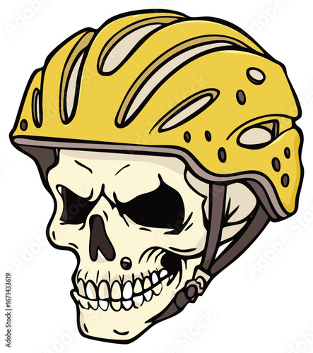 Skull wearing a yellow bicycle helmet, scary head cartoon illustration