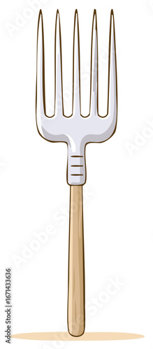 Cartoon illustration of a classic farm pitchfork with a wooden handle