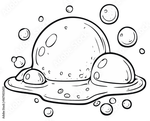 Black outline drawing of large frothy soap bubbles and liquid puddle cartoon style