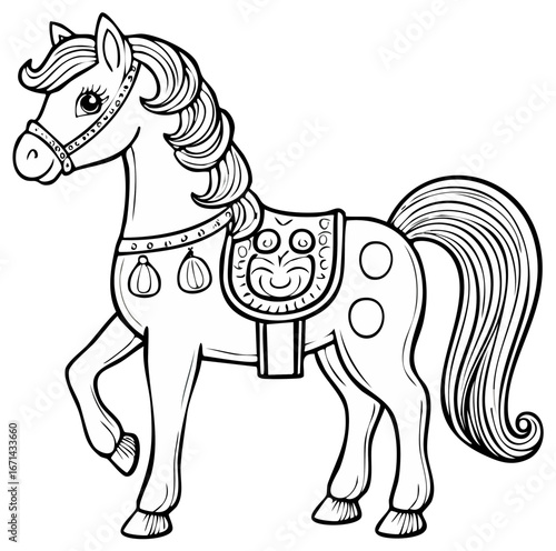 Cartoon Horse, Outlined Black and White, Decorative Saddle, Cute Illustration