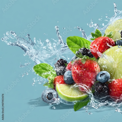 refreshing splash with healthy fruits and green leaves