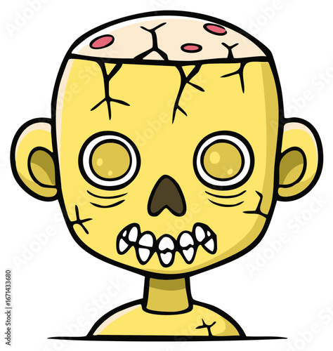 Cartoon zombie character illustration with rotting exposed brains and spooky yellow skin, Halloween season monster concept