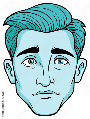 Cartoon illustration of a person's face with blue hair and skin