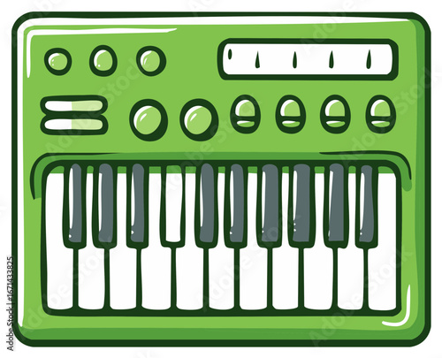 Bright green electronic keyboard with playful cartoon style and numerous controls