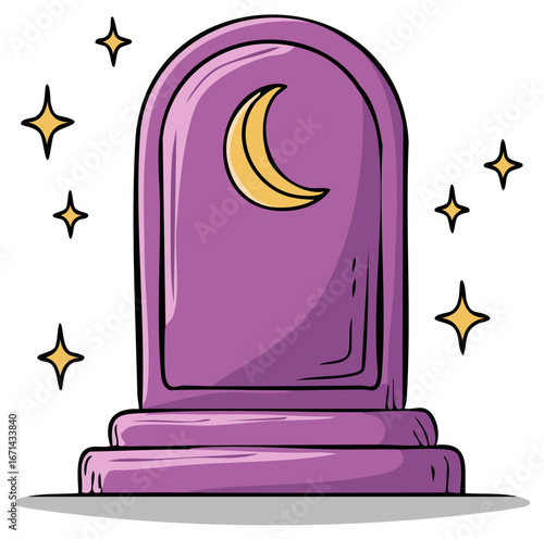 Purple Tombstone with Crescent Moon and Star Cartoon Illustration