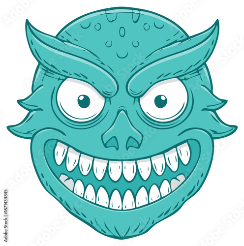 Creepy Teal Monster Face with Wide Grinning Mouth and Spiky Hair