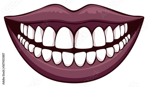 Wide cartoon smile with perfectly white teeth and dark purple lips in a vector illustration