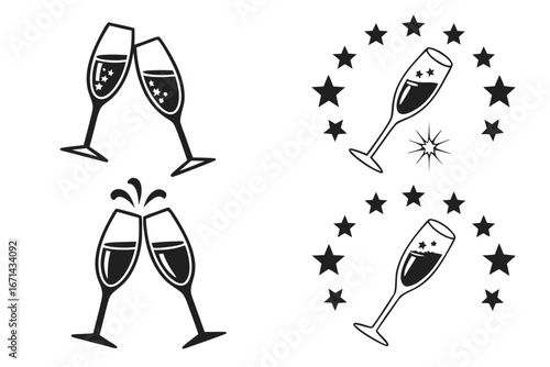 Champagne Toast Celebration Icons with Stars.