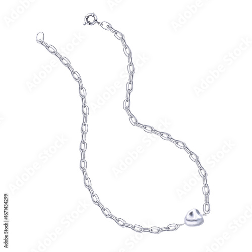 Silver necklace with large baroque pearl pendant. Isolated watercolor illustration of jewelry for catalog design, shop windows, branded packaging, interior design and wedding events.