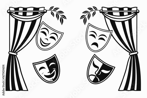 Comedy and Tragedy Masks with Theatre Curtains.