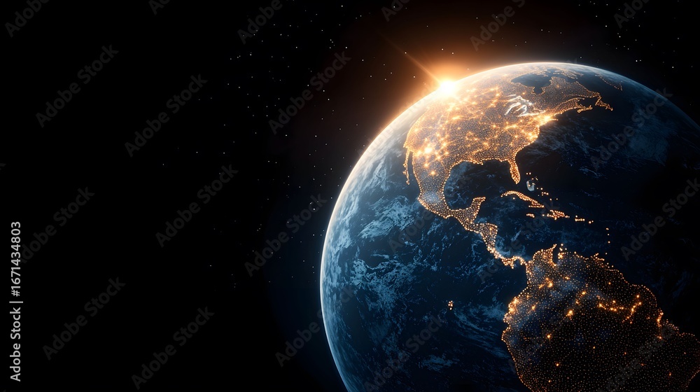 Fototapeta premium The image displays a stunning rendition of Earth from space, showcasing city lights illuminating continents like North and South America, with a bright sunrise over the horizon.