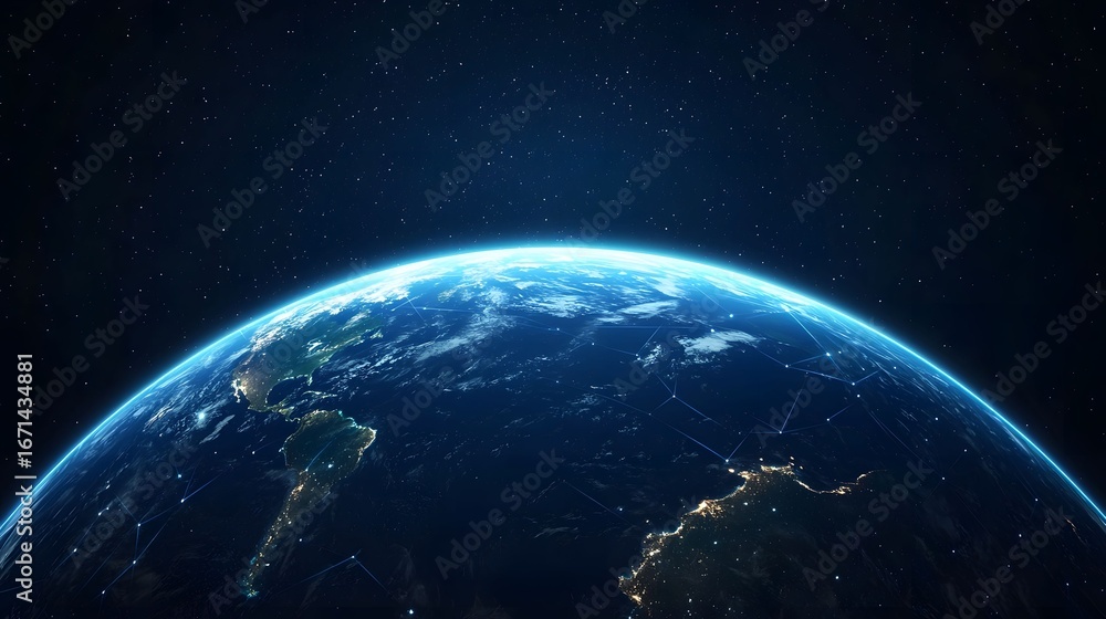 Fototapeta premium The image showcases a view of Earth from space, exhibiting the planet's curvature against the backdrop of a star-filled sky, with visible atmospheric blue glow.