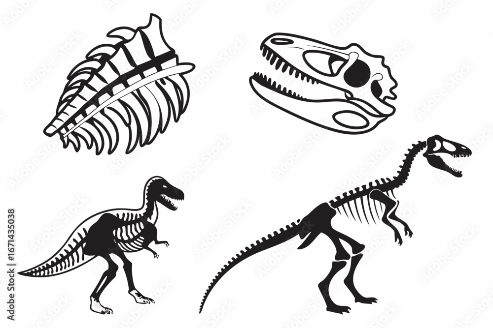 Naklejka premium Dinosaur Skeletons and Skull Illustrations.