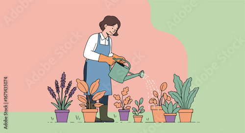 Woman watering potted plants, wearing apron and gloves