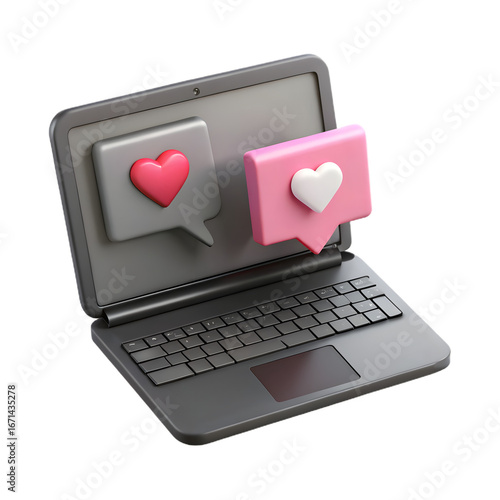 Laptop with speech bubbles containing heart icons, representing online communication and social media engagement, isolated on transparent background