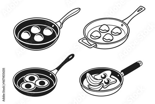 Four Frying Pans with Food Illustrations.