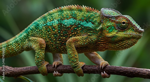 Detailed Green Chameleon Perching on Branch in Lush Foliage Close-up