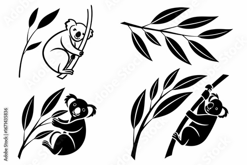 Four Stylized Koalas Clinging to Eucalyptus Branches.