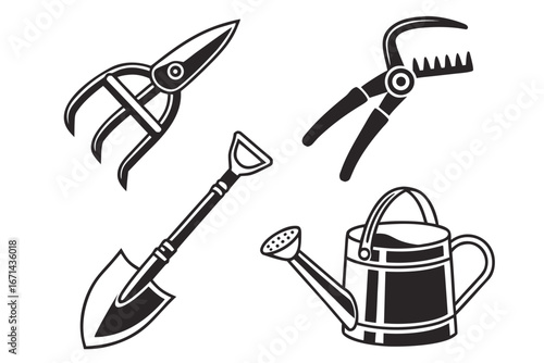 Garden Tools Collection Pruning Shears Spade and Watering Can.