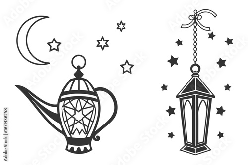 Islamic Crescent Moon and Lantern with Stars.