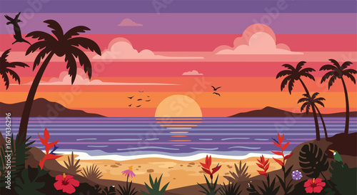 Tropical sunset, beach, palms