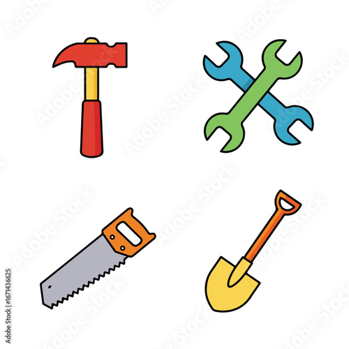 Tool icons hammer, wrenches, saw, and spade