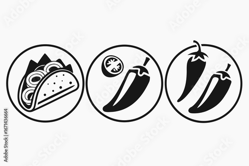Mexican Food Icons Taco Chili Pepper Tomato.