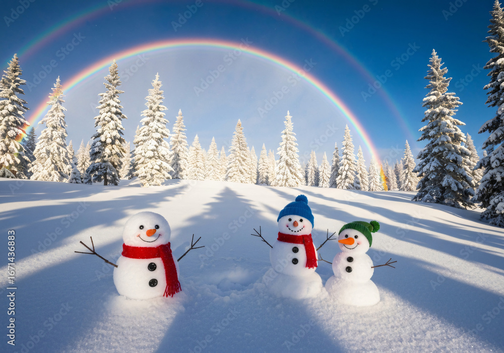 Fototapeta premium Three Cute Snowmen in a Snowy Winter Wonderland with Rainbow 